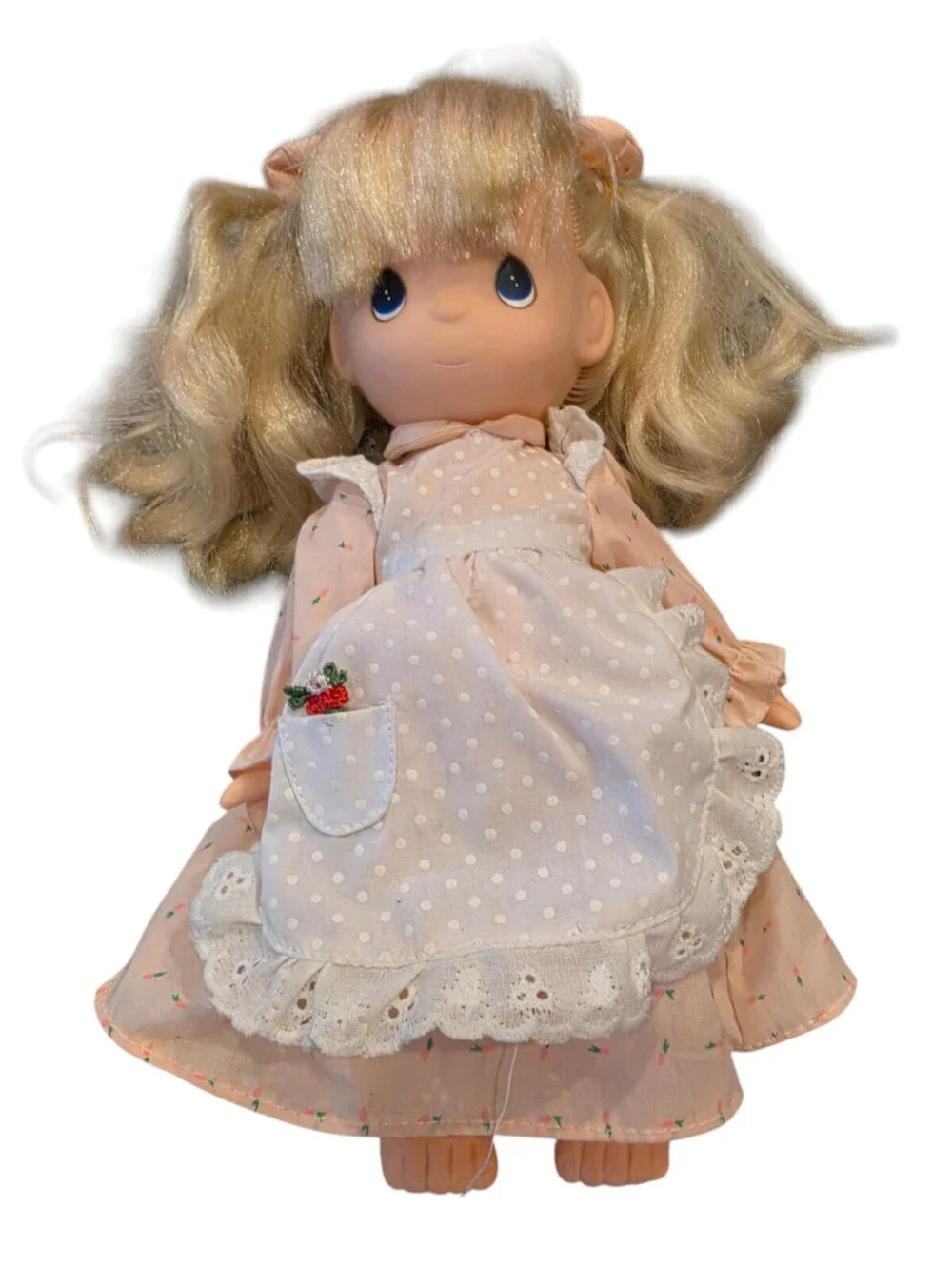 Vintage 1980s Precious Moments Rubber Baby Doll w/ Yellow Dress Blonde